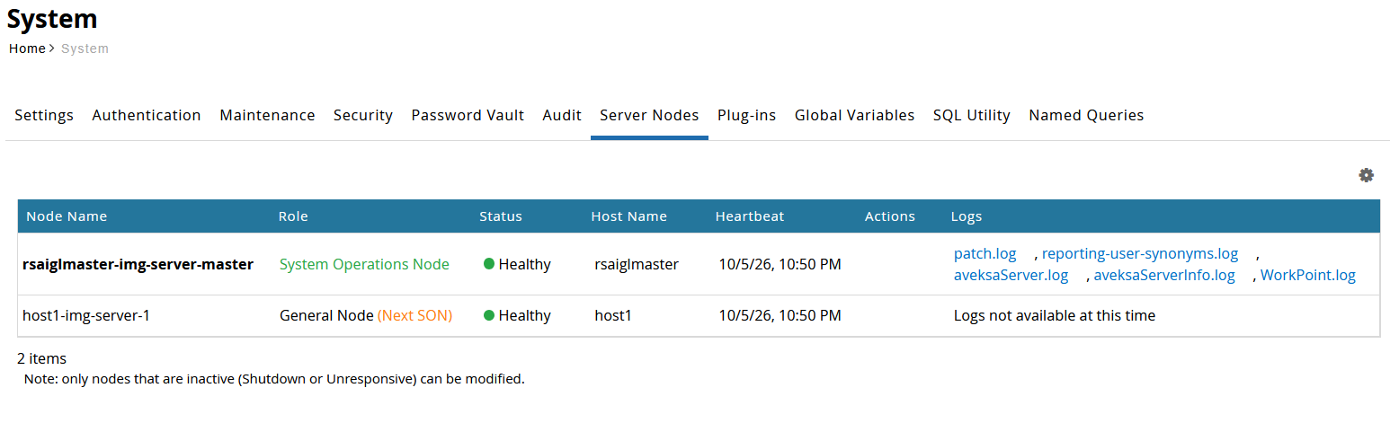 Admin > System > Server Nodes in a two-node cluster: rsaiglmaster-img-server-master as the System Operations Node and host1-img-server-1 as a General Node marked Next SON, both Healthy
